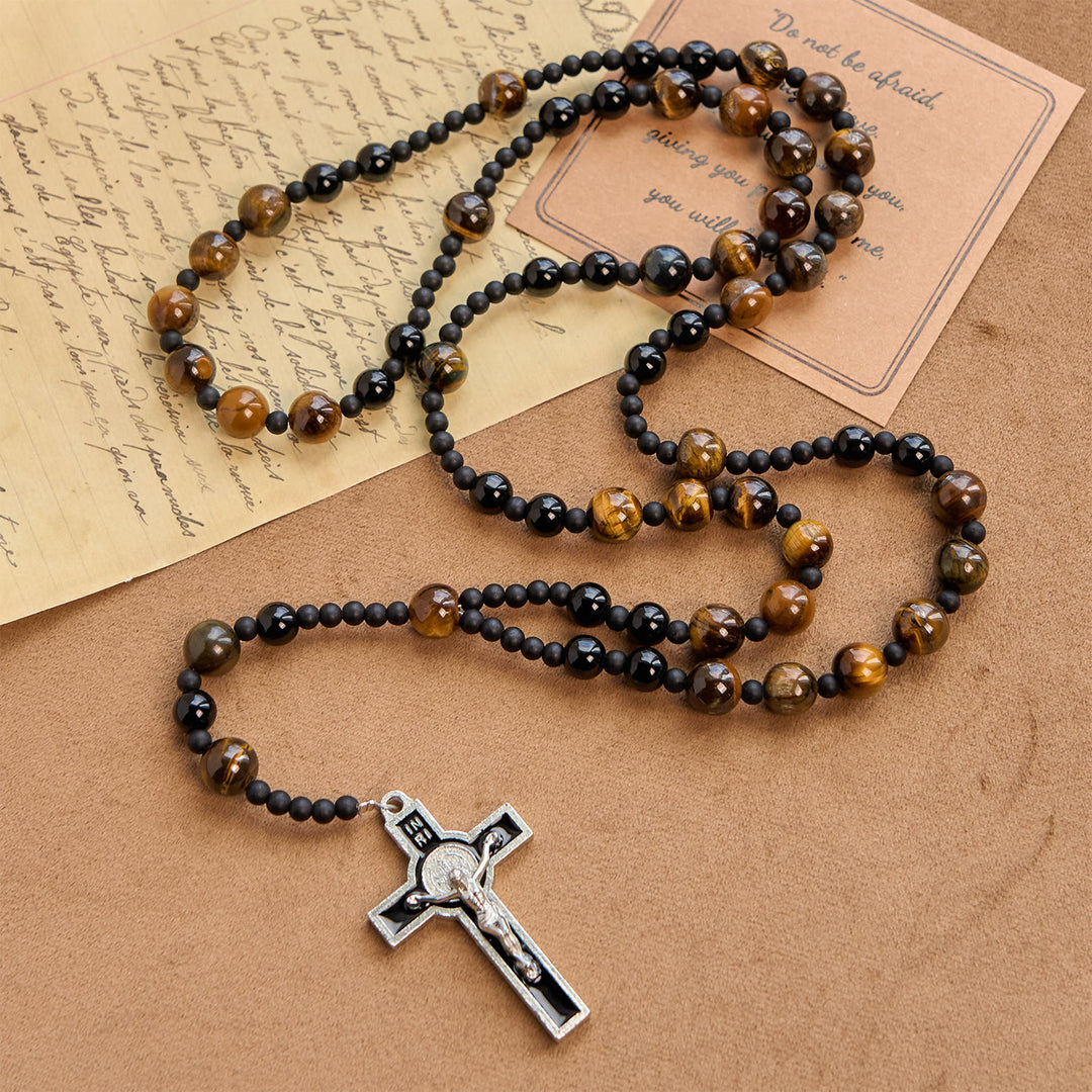 Christianartworkshop 10mm Tiger's Eye Stone Beads Rosary with Black Enamel Crucifix: Embrace Earthy Sacredness - Tiger's Eye Stone - image 1