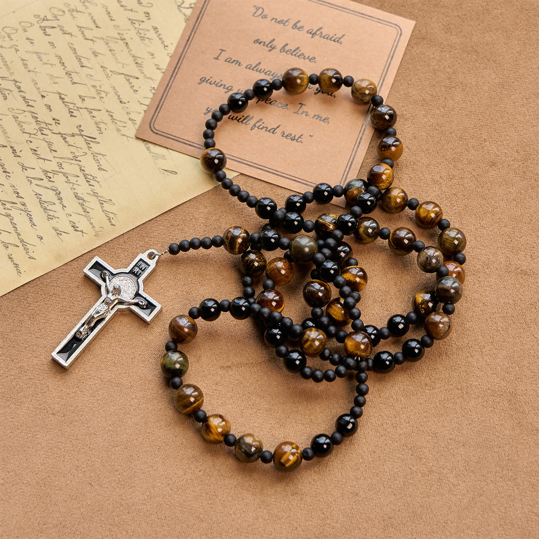 FREE Today: 10mm Tiger's Eye Stone Beads Rosary with Black Enamel Crucifix: Embrace Earthy Sacredness