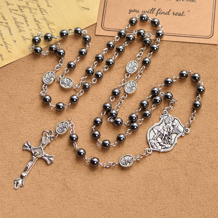 FREE Today: Sacred Shiny Black Beads Rosary with St. Michael the Archangel Pendant & Crucifix