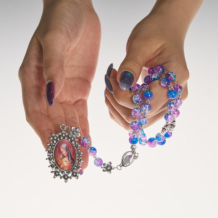 FREE Today: Seven Sorrow of 8 mm Round Blue-Purple Gradient Rosary with Floral - Carved Our Lady of Sorrows Pendant