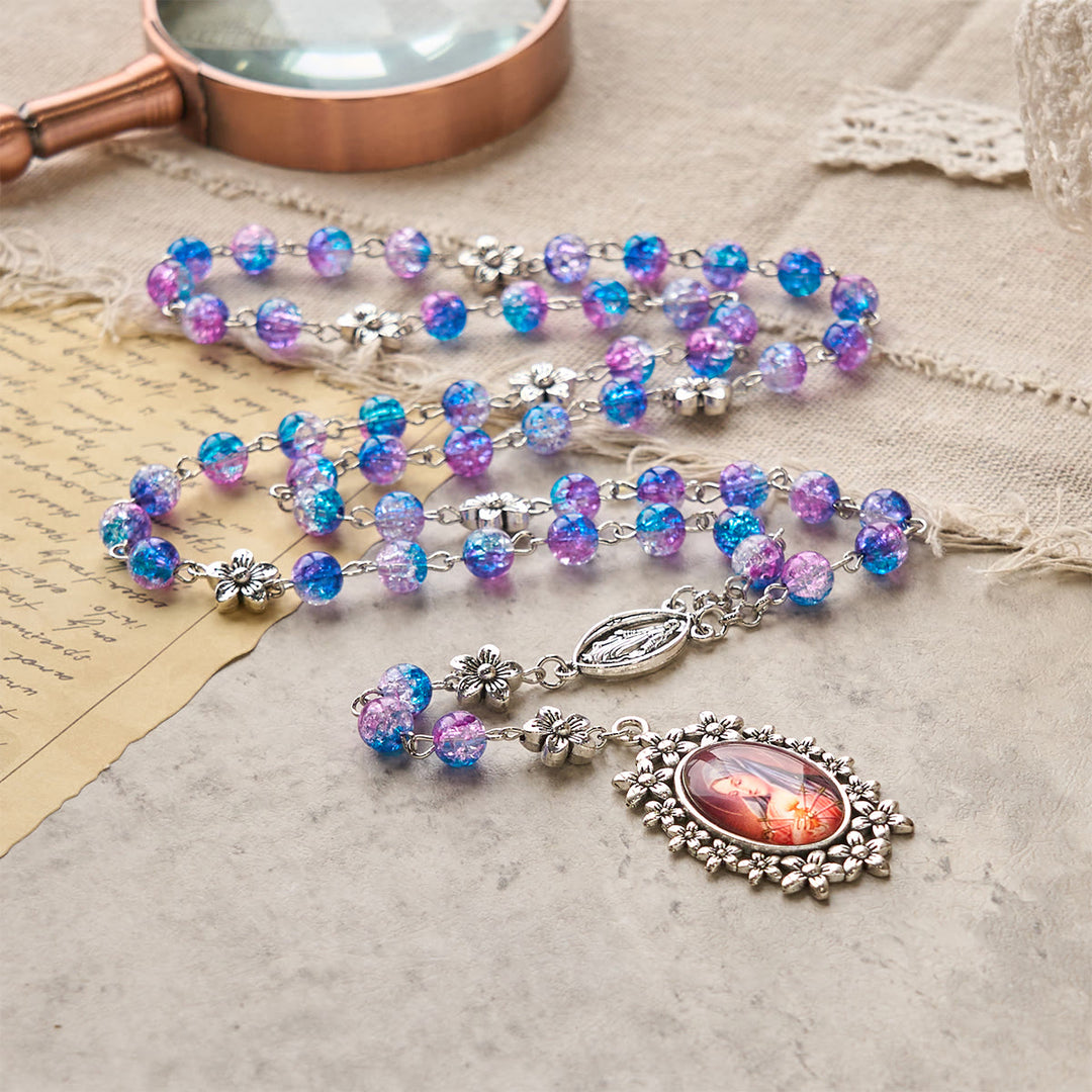 Christianartworkshop Seven Sorrow of 8 mm Round Blue-Purple Gradient Rosary with Floral - Carved Our Lady of Sorrows Pendant - image 7
