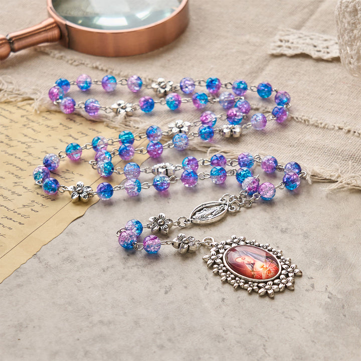 Christianartworkshop Seven Sorrow of 8 mm Round Blue-Purple Gradient Rosary with Floral - Carved Our Lady of Sorrows Pendant - image 7
