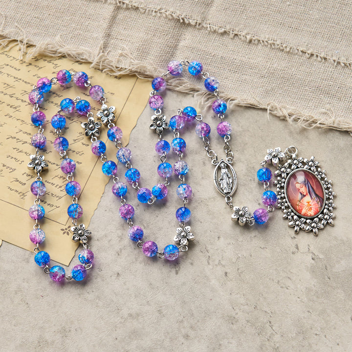 Christianartworkshop Seven Sorrow of 8 mm Round Blue-Purple Gradient Rosary with Floral - Carved Our Lady of Sorrows Pendant - image 6