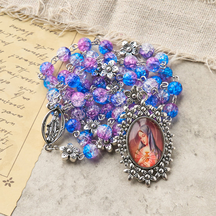 Christianartworkshop Seven Sorrow of 8 mm Round Blue-Purple Gradient Rosary with Floral - Carved Our Lady of Sorrows Pendant - image 8