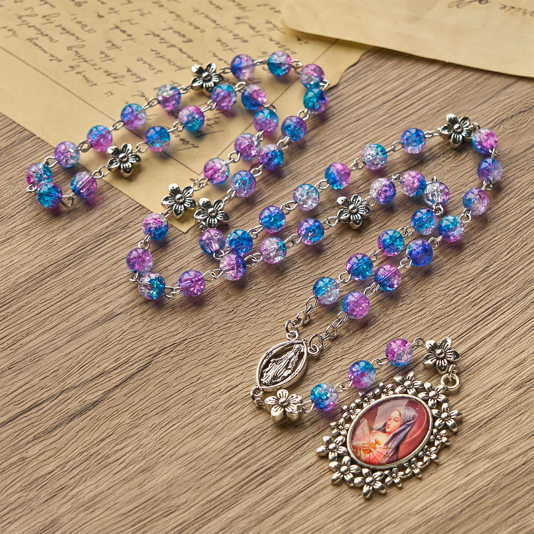 Christianartworkshop Seven Sorrow of 8 mm Round Blue-Purple Gradient Rosary with Floral - Carved Our Lady of Sorrows Pendant - image 2