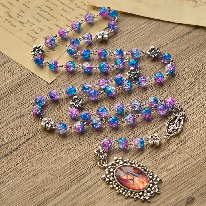 Christianartworkshop Seven Sorrow of 8 mm Round Blue-Purple Gradient Rosary with Floral - Carved Our Lady of Sorrows Pendant - Seven Sorrow Rosary - image 1