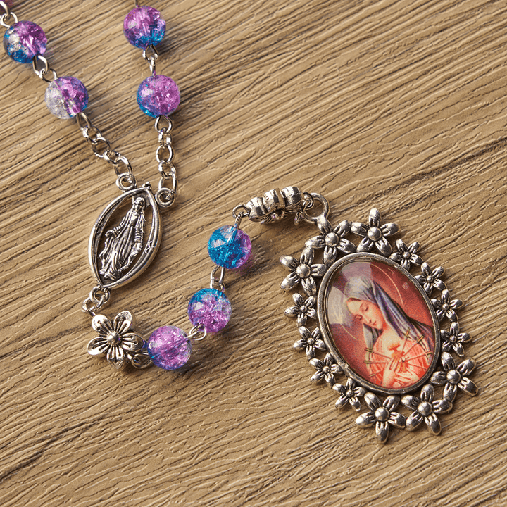 Christianartworkshop Seven Sorrow of 8 mm Round Blue-Purple Gradient Rosary with Floral - Carved Our Lady of Sorrows Pendant - image 3