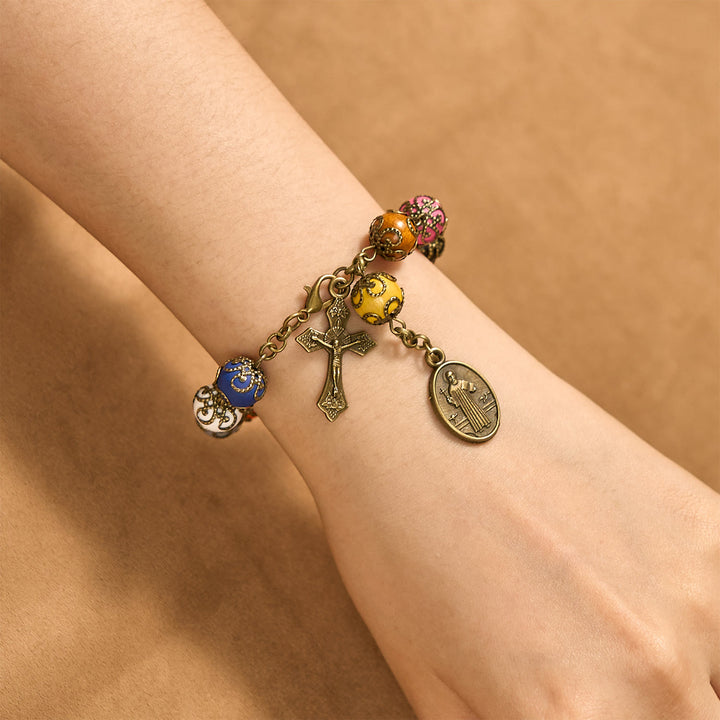 FREE Today: Vintage Style Patterned Colorful Bead Bracelet with Bronze St. Benedict & Crucifix: Trust in Divine Continuity