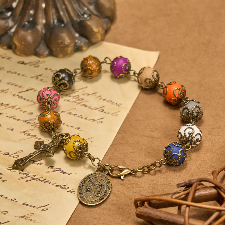FREE Today: Vintage Style Patterned Colorful Bead Bracelet with Bronze St. Benedict & Crucifix: Trust in Divine Continuity