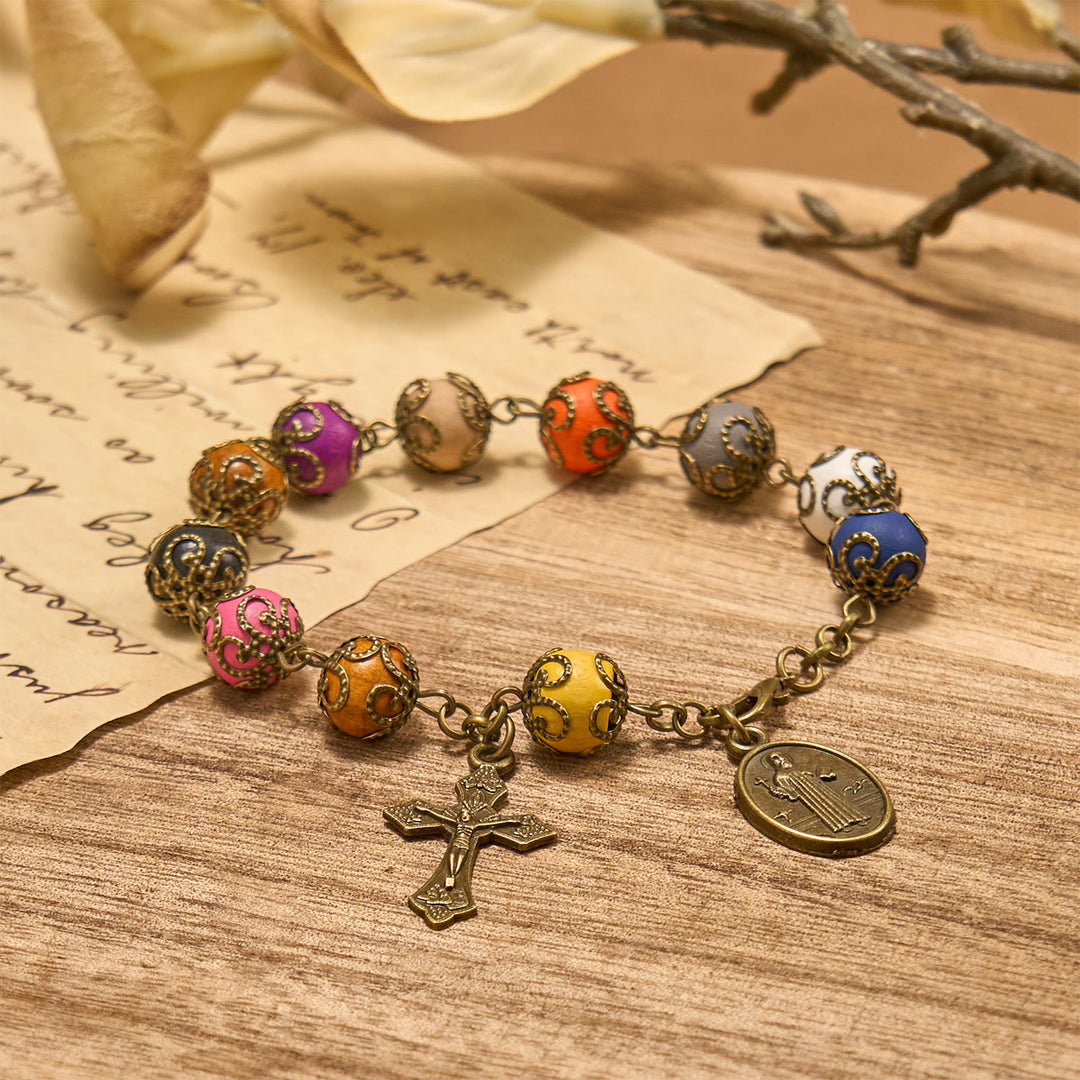 FREE Today: Vintage Style Patterned Colorful Bead Bracelet with Bronze St. Benedict & Crucifix: Trust in Divine Continuity