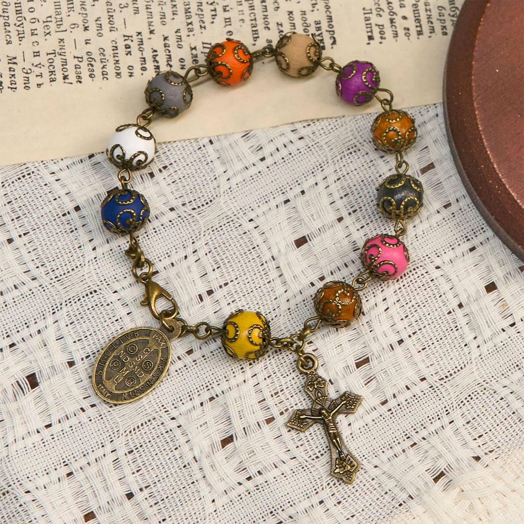 FREE Today: Vintage Style Patterned Colorful Bead Bracelet with Bronze St. Benedict & Crucifix: Trust in Divine Continuity