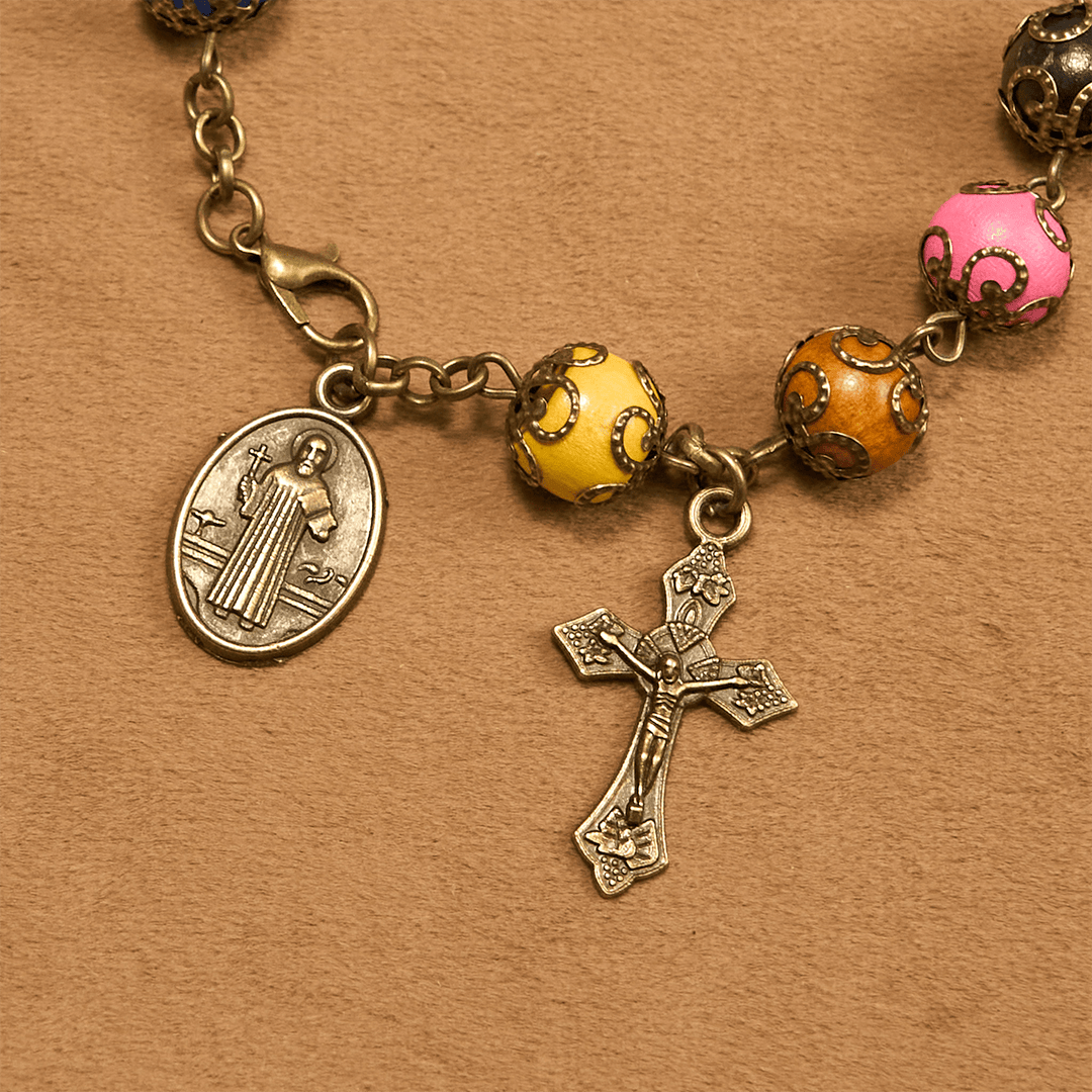 Christianartworkshop Vintage Style Patterned Colorful Bead Bracelet with Bronze St. Benedict & Crucifix: Trust in Divine Continuity