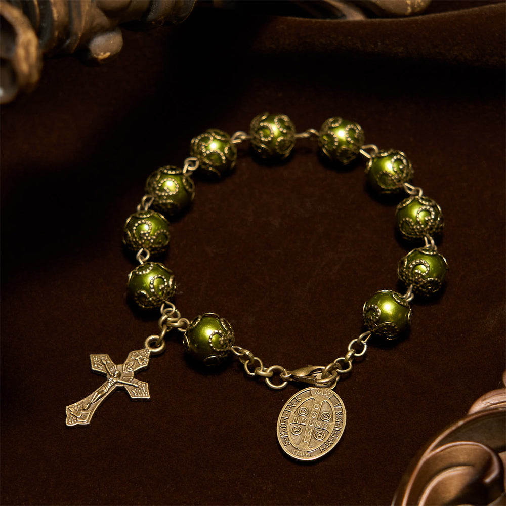 Christianartworkshop Matte Verdigris Beads with Bronze St. Benedict Medal & Crucifix Bracelet: Find Peace in Subtle Sacredness - image 2