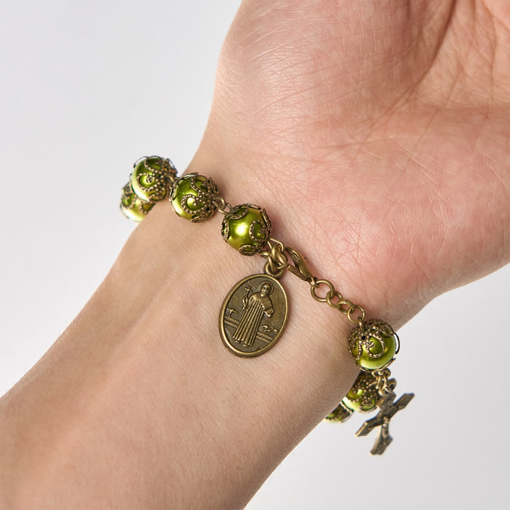 FREE Today: Matte Verdigris Beads with Bronze St. Benedict Medal & Crucifix Bracelet: Find Peace in Subtle Sacredness