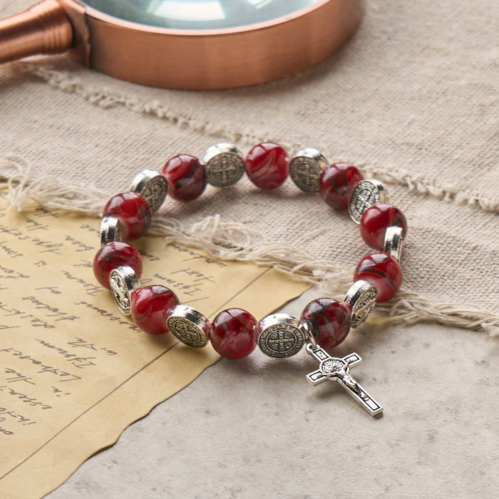 FREE Today: Tri-Color Beads Bracelet with Silver St. Benedict Medal and Crucifix: Divine Faith Artistry