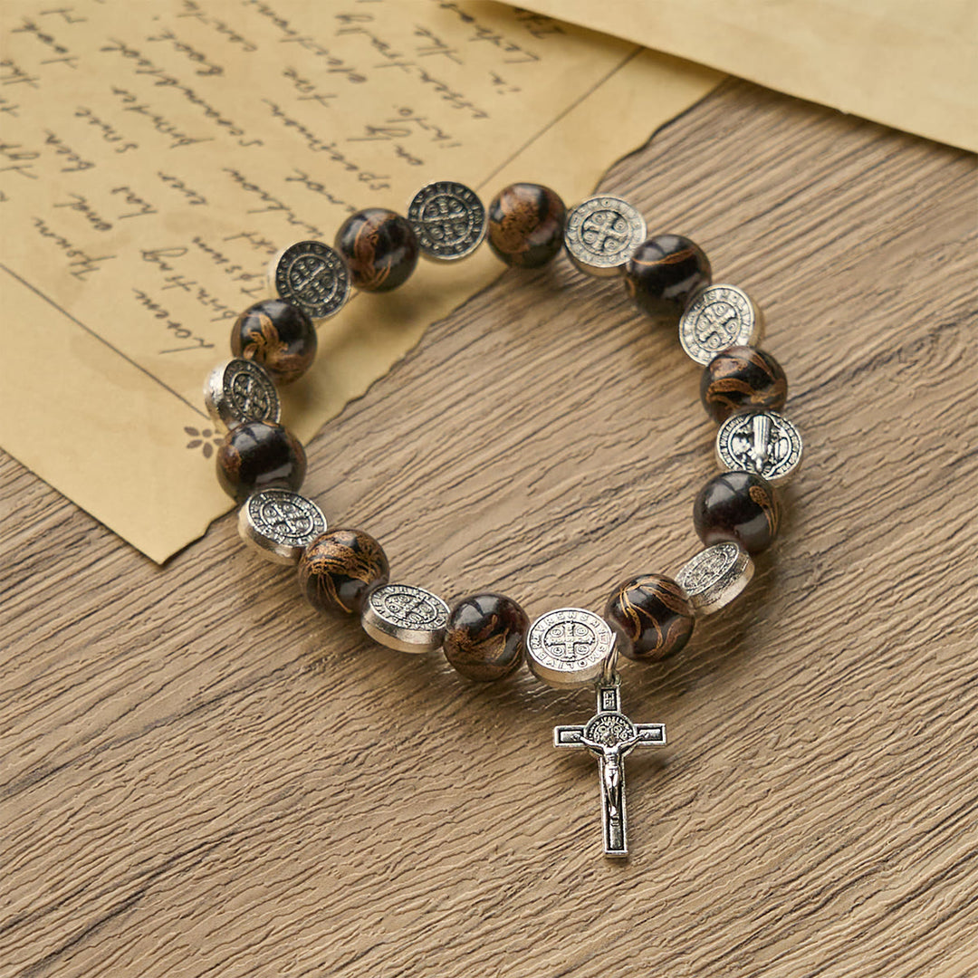 FREE Today: Tri-Color Beads Bracelet with Silver St. Benedict Medal and Crucifix: Divine Faith Artistry