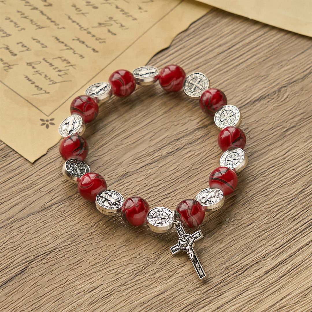 FREE Today: Tri-Color Beads Bracelet with Silver St. Benedict Medal and Crucifix: Divine Faith Artistry