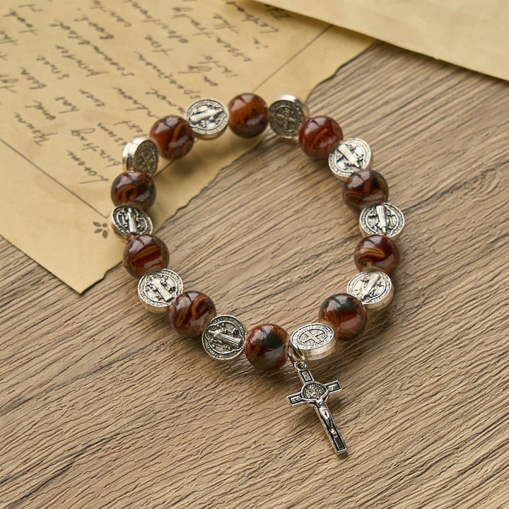 FREE Today: Tri-Color Beads Bracelet with Silver St. Benedict Medal and Crucifix: Divine Faith Artistry