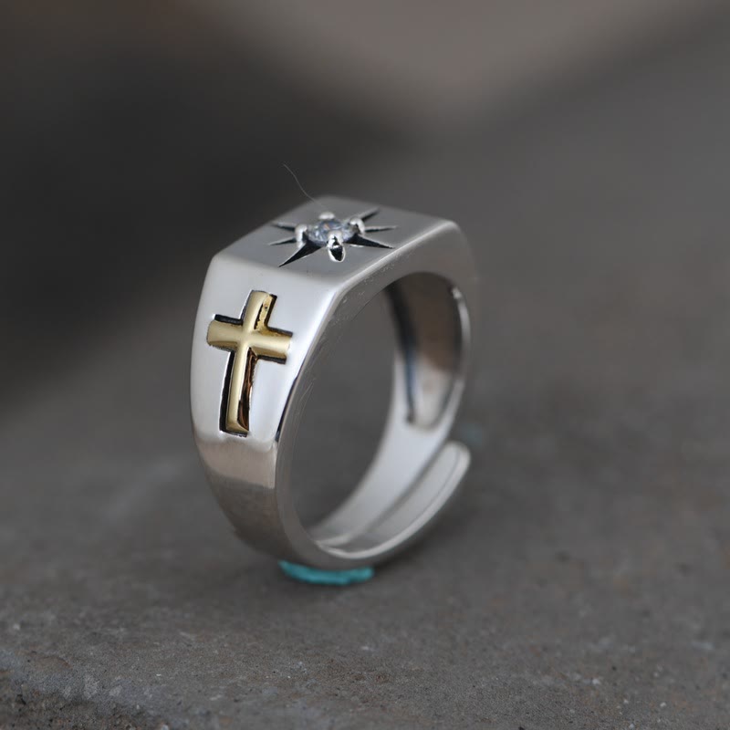 Christianartworkshop Cross and Virgin Mary with White Cubic 925 Sterling Silver Adjustable Vintage Ring - Suitable for US sizes 6.5-8.5 - image 0