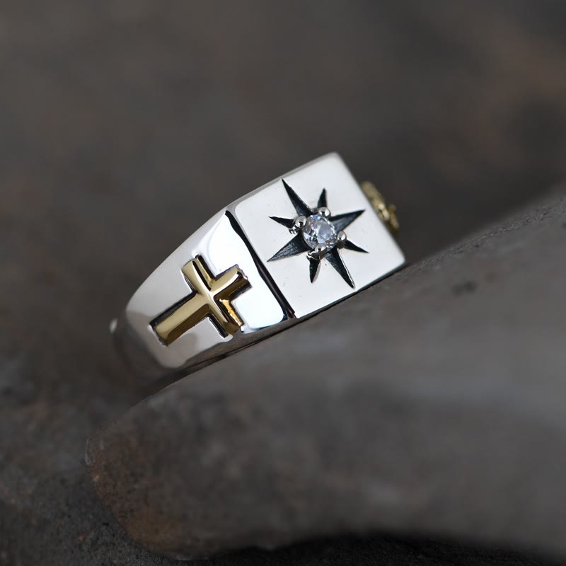 Christianartworkshop Cross and Virgin Mary with White Cubic 925 Sterling Silver Adjustable Vintage Ring - image 1