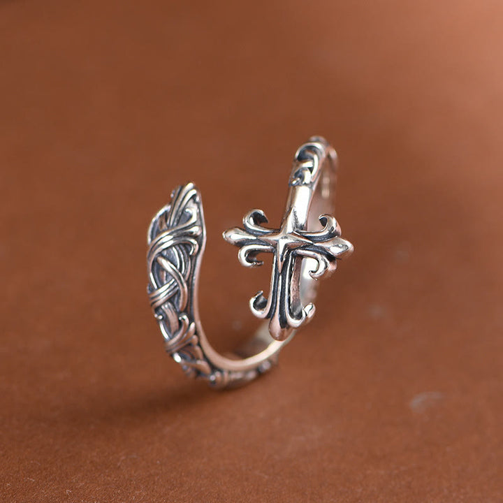 Christianartworkshop Retro 925 Silver Cross Ring with Delicate Vine Engravings: Pure Expression of Faith - image 3