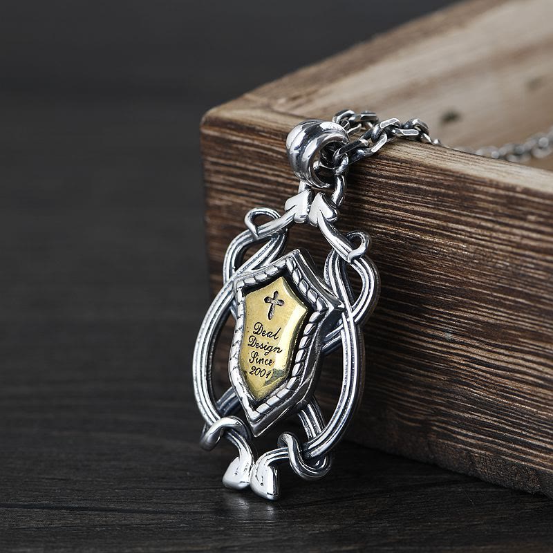 Christianartworkshop 925 Sterling Silver Armor Cross Pendant with Golden Core Sacred Crest Necklace: Shield of Grace - Sterling Silver - image 1