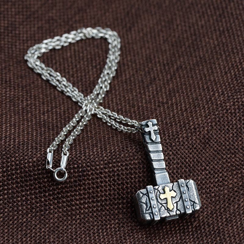 Christianartworkshop Sacred 925 Silver Hammer Cross Necklace: Rugged Faith Symbol with Retro Edge - Sterling Silver - image 1