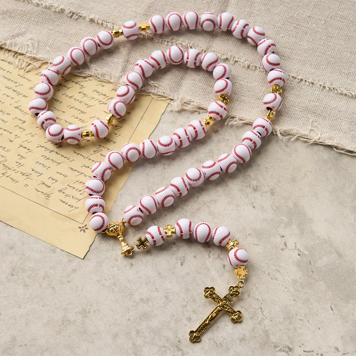 Christianartworkshop Blessed Miniature Baseball Beads Rosary with Golden Holy Chalice & Crucifix: Merge Faith and Sport - Baseball - Themed Rosary - image 1