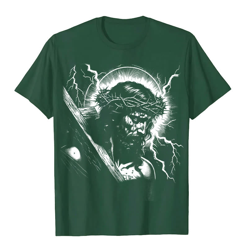 Christianartworkshop Jesus Holding Cross Vintage 90s Graphic T-shirt - Dark Green - 2XL - image 3