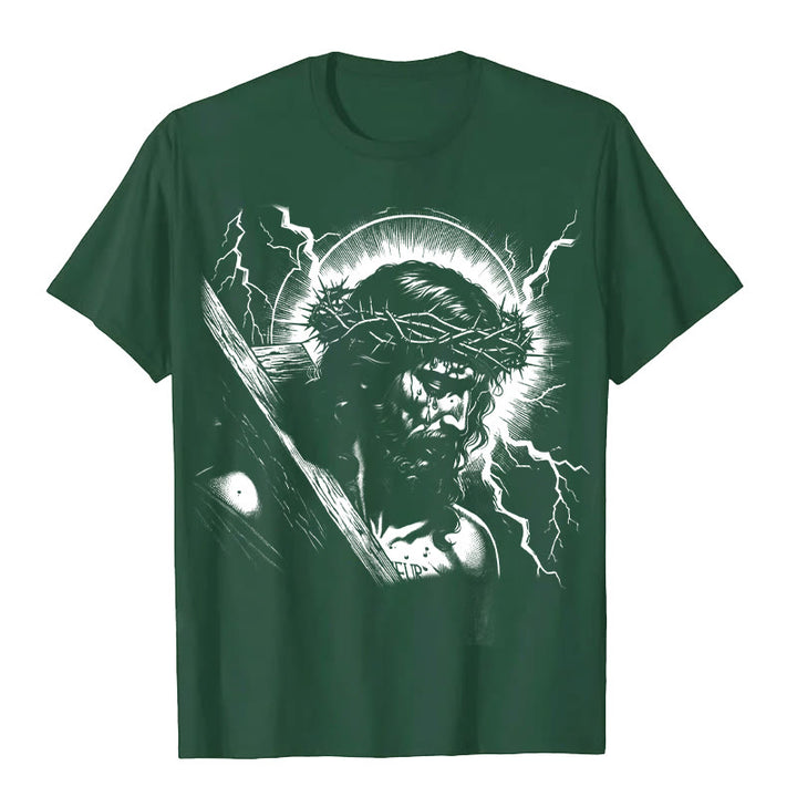 Christianartworkshop Jesus Holding Cross Vintage 90s Graphic T-shirt - Dark Green - 2XL - image 3