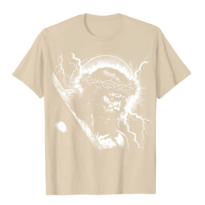 Christianartworkshop Jesus Holding Cross Vintage 90s Graphic T-shirt - Beige - 2XL - image 5