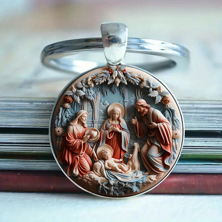 Christianartworkshop Soulful Morandi-Toned Nativity Scene Keychain : Profound Sign of Subtle Spiritual Renewal - Nativity Scene - image 1