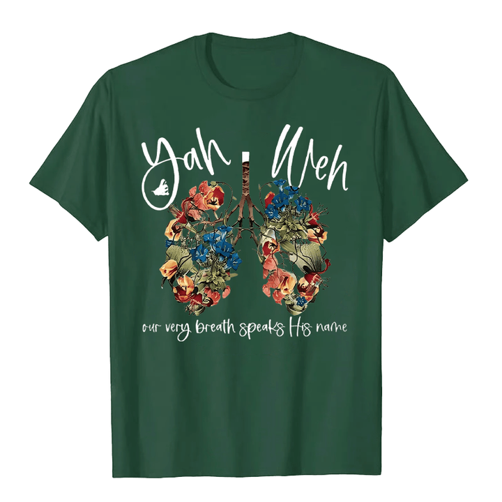 Christianartworkshop Our Very Breath Speaks His Name Floral Lung  Yahweh Unisex T-shirt - Dark Green - 2XL - image 7