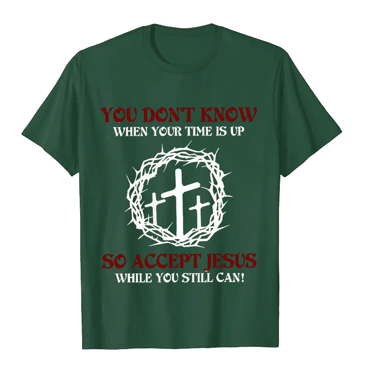 Christianartworkshop Religious Warning Accept Jesus Thorn Crown Cross Unisex T-shirt - Dark Green - 2XL - image 9