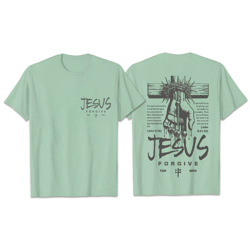 Christianartworkshop Religious Jesus Forgive Crown of Thorns Cross Unisex T-shirt - Light Green - 2XL - image 19