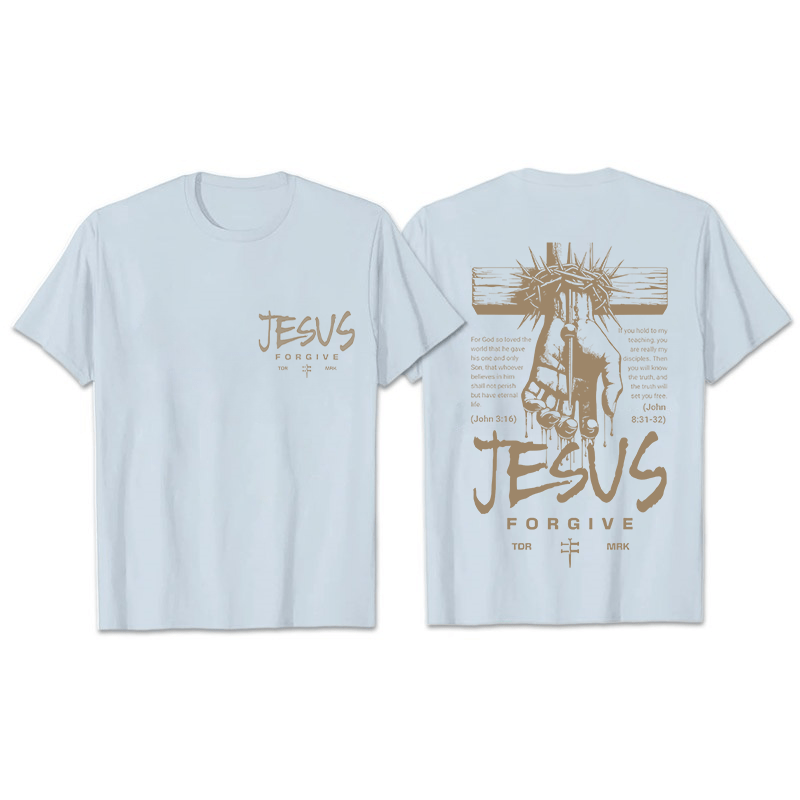 Christianartworkshop Religious Jesus Forgive Crown of Thorns Cross Unisex T-shirt - Light Blue - 2XL - image 3