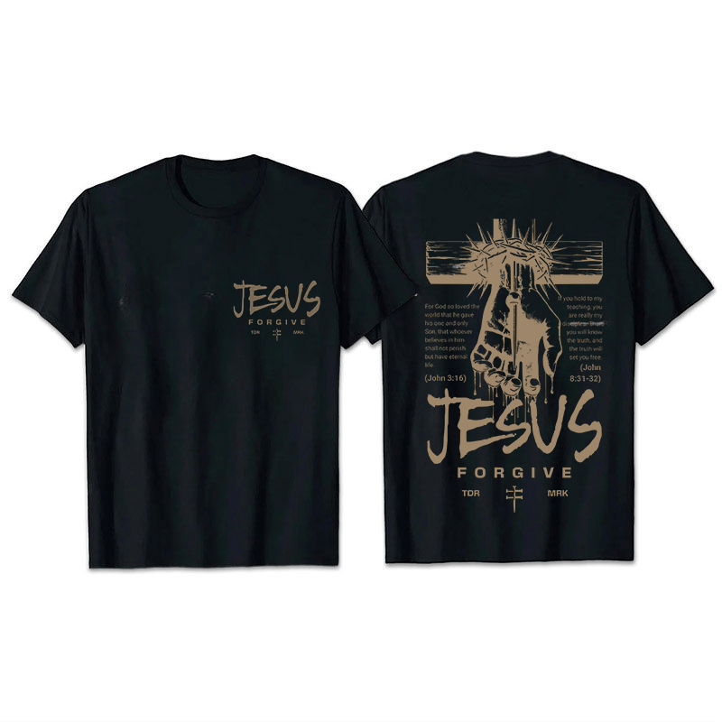 Christianartworkshop Religious Jesus Forgive Crown of Thorns Cross Unisex T-shirt - Black - 2XL - image 26