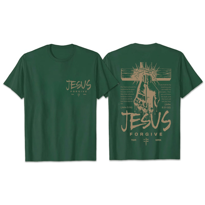 Christianartworkshop Religious Jesus Forgive Crown of Thorns Cross Unisex T-shirt - Dark Green - 2XL - image 25