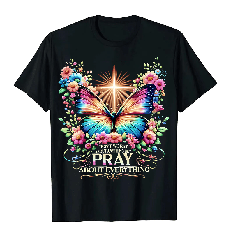 Christianartworkshop Faith-Inspired Butterfly and Cross Pray About Everything Unisex T-shirt - Black - 2XL - image 1
