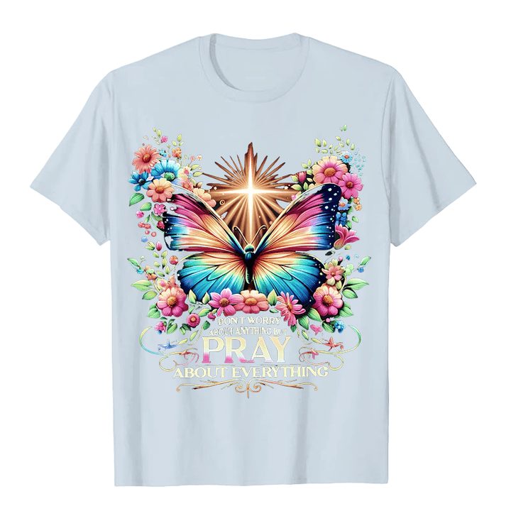 Christianartworkshop Faith-Inspired Butterfly and Cross Pray About Everything Unisex T-shirt - Light Blue - 2XL - image 0