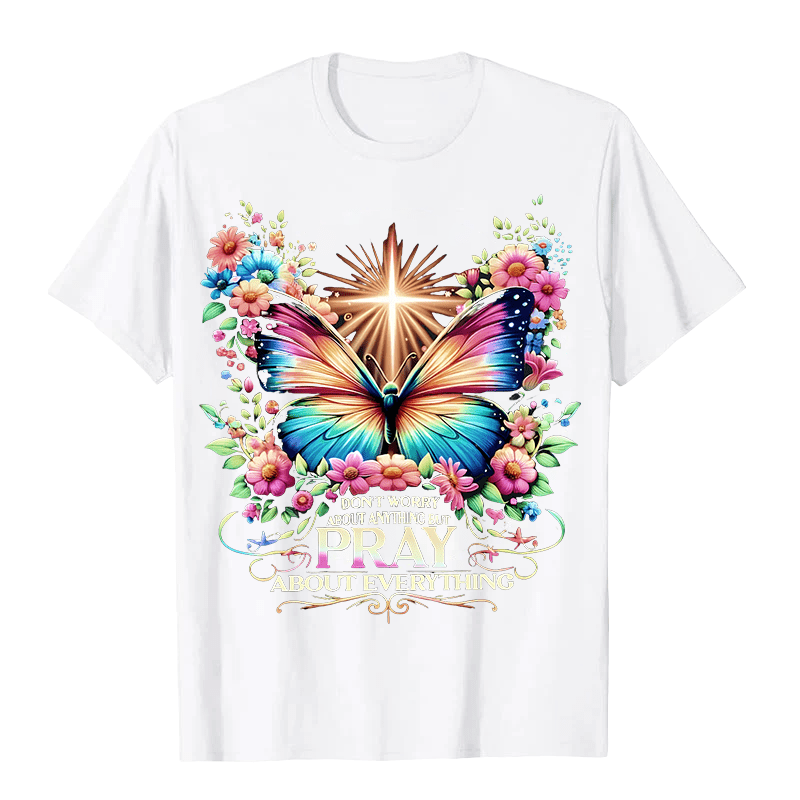 Christianartworkshop Faith-Inspired Butterfly and Cross Pray About Everything Unisex T-shirt - White - 2XL - image 2
