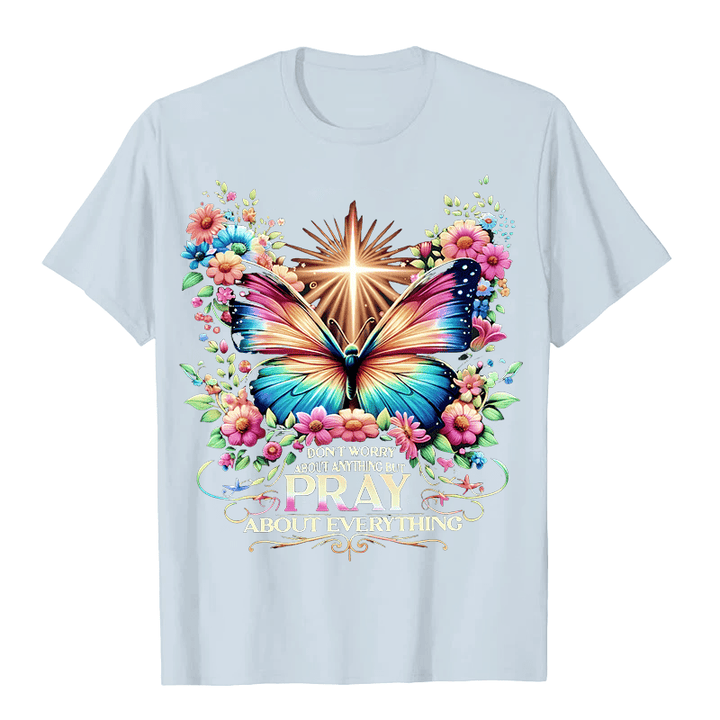Christianartworkshop Faith-Inspired Butterfly and Cross Pray About Everything Unisex T-shirt - Light Blue - 2XL - image 1