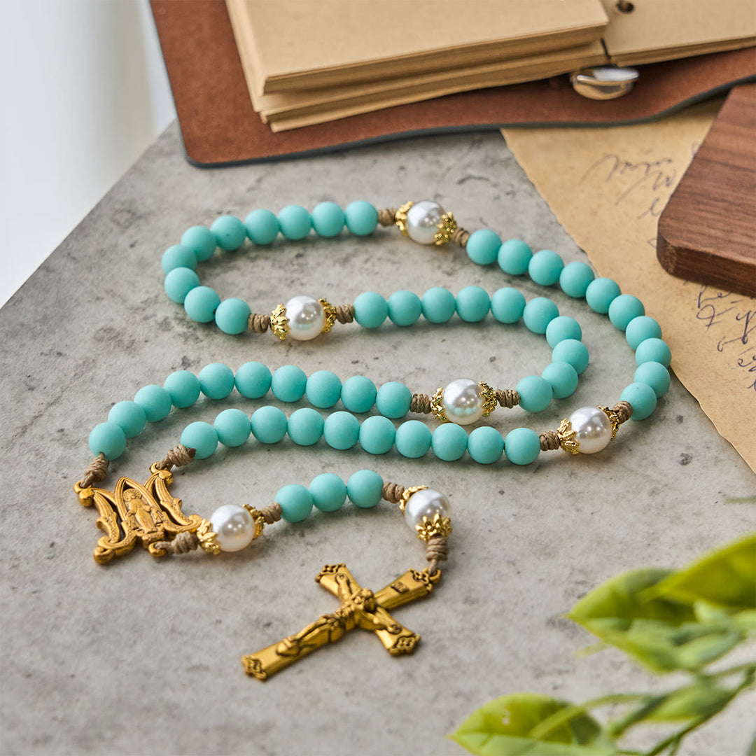 Christianartworkshop PRAYERFUL FAITH: Handmade Mint Green Beads & Pearl with Miraculous Medal - image 5