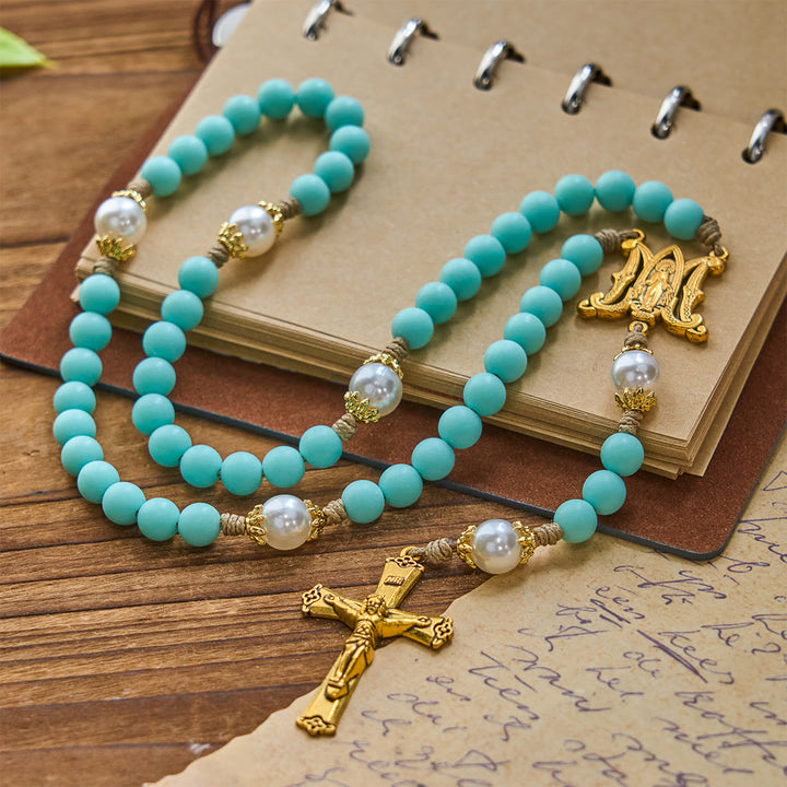 Christianartworkshop PRAYERFUL FAITH: Handmade Mint Green Beads & Pearl with Miraculous Medal - image 3