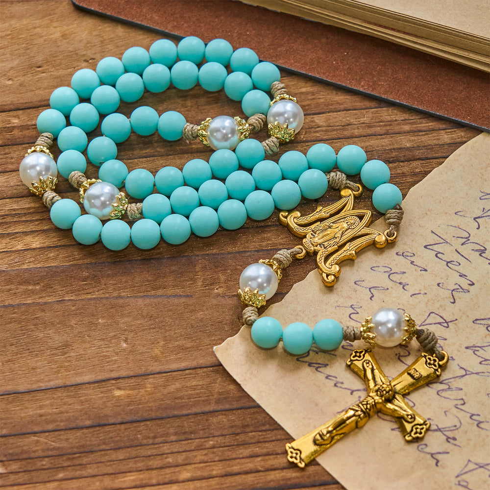 Christianartworkshop PRAYERFUL FAITH: Handmade Mint Green Beads & Pearl with Miraculous Medal - image 2