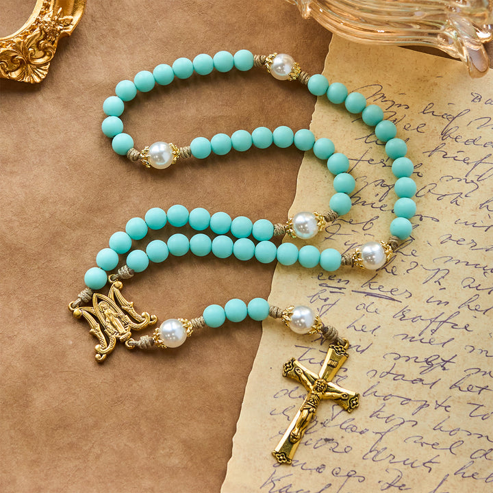 Christianartworkshop PRAYERFUL FAITH: Handmade Mint Green Beads & Pearl with Miraculous Medal - image 8