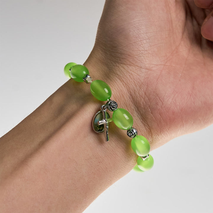 Christianartworkshop St. Jude & Crucifix Pendant Green Clear Beads Rose Bracelet