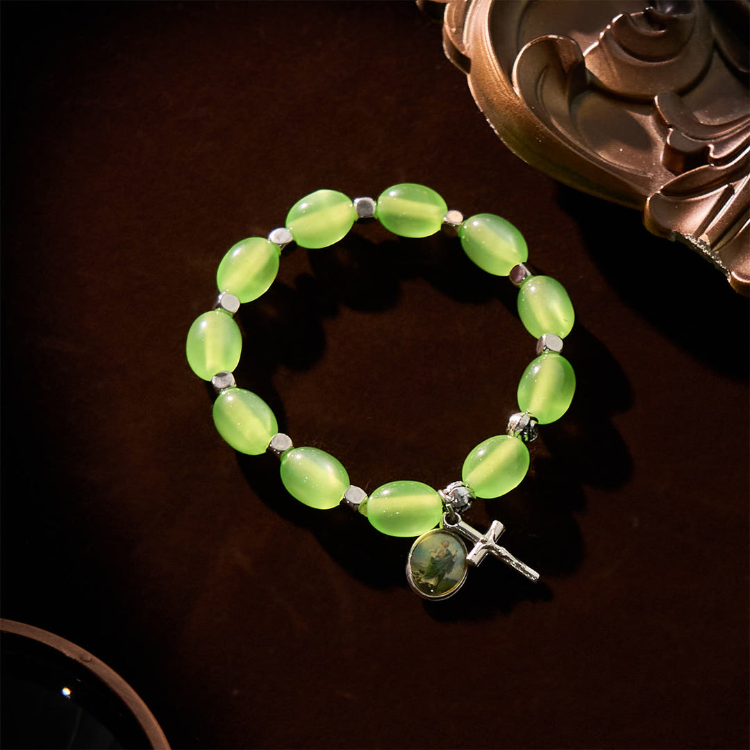 Christianartworkshop St. Jude & Crucifix Pendant Green Clear Beads Rose Bracelet