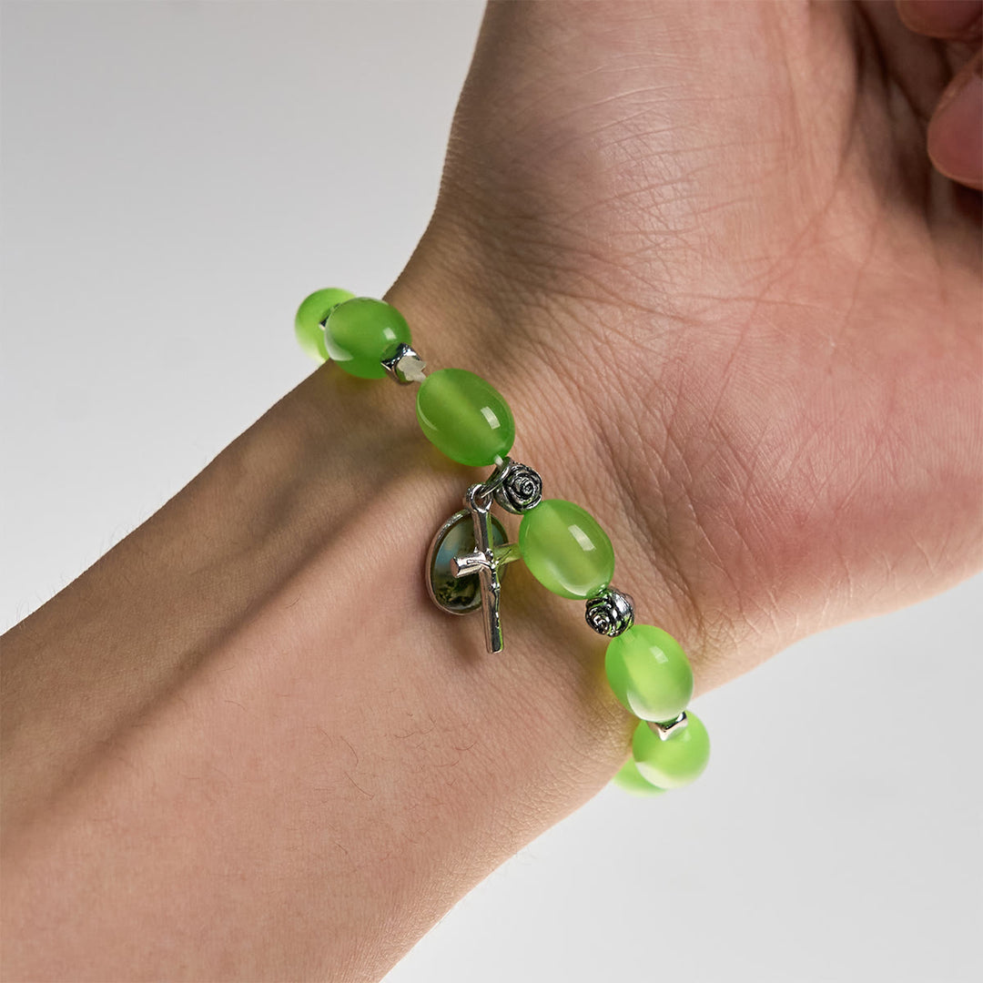 FREE Today: St. Jude & Crucifix Pendant Green Clear Beads Rose Bracelet