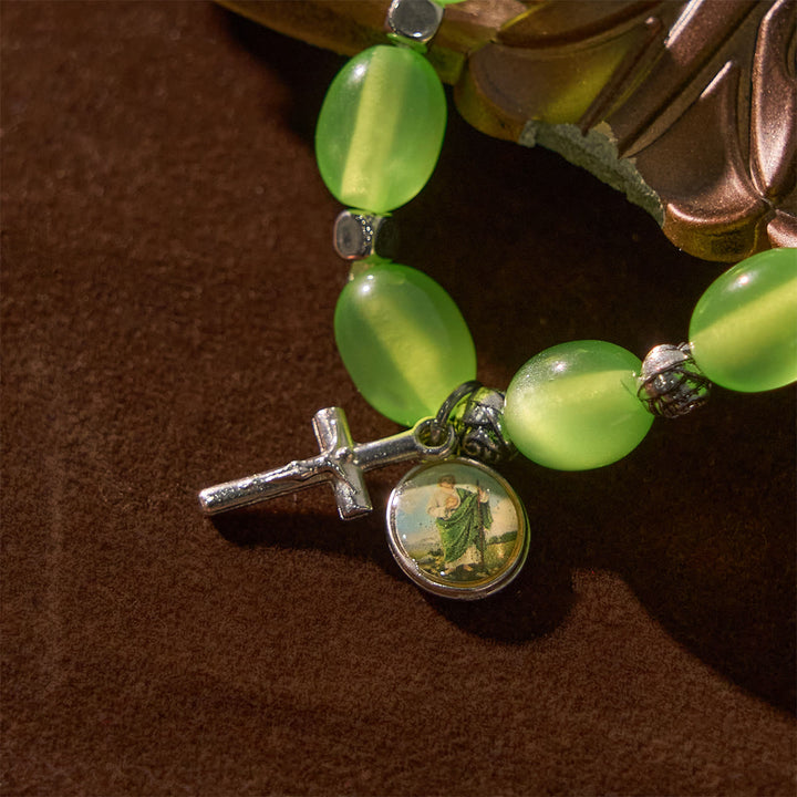 FREE Today: St. Jude & Crucifix Pendant Green Clear Beads Rose Bracelet